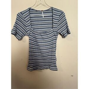 Free People Womens Pullover Wild  Blue Striped 3/4 Sleeve Square Neck Boho Top M
